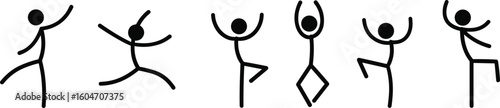 Stick figure dancing poses, human sketch in motion, simple dance illustration, abstract movement drawing, minimal style people action art, black line design figures