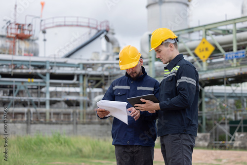 Petroleum engineers working at oil refinery site