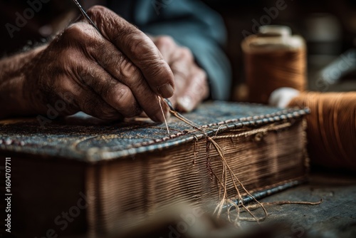 Aged hands meticulously repair antique book binding