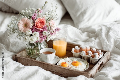 Breakfast in bed with flowers