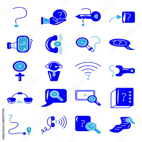 blue set of help icons including question mark, support agent, information book, and live chat symbols. Designed in both solid and line style to enhance user interfaces, FAQs, and customer support pag