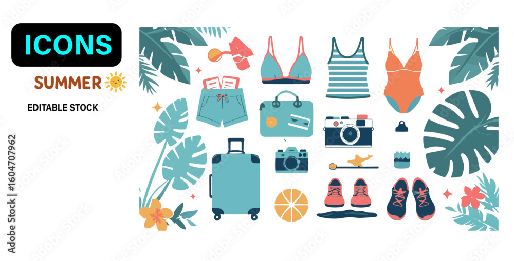 Fototapeta premium Happy Summer – Flat Kawaii Beach Icons Set