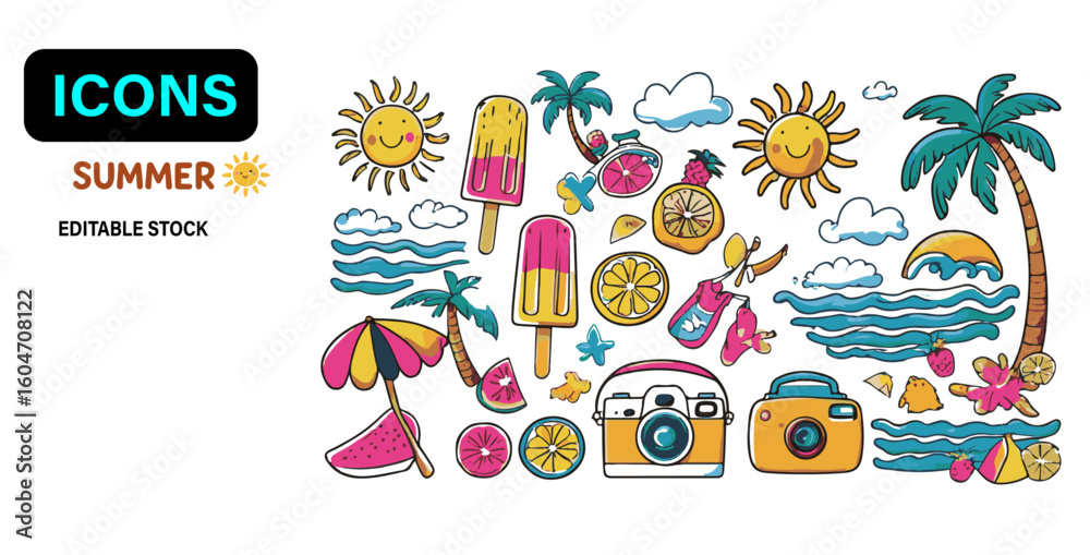 Fototapeta premium Happy Summer – Flat Kawaii Beach Icons Set