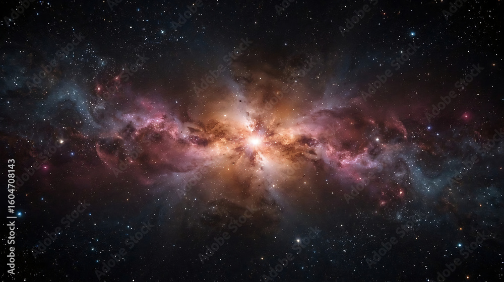 Fototapeta premium The vivid outer space scene features a glowing nebula explosion, surrounded by stars, gas clouds, and dust, showcasing a science fiction atmosphere and awe-inspiring cosmic beauty.