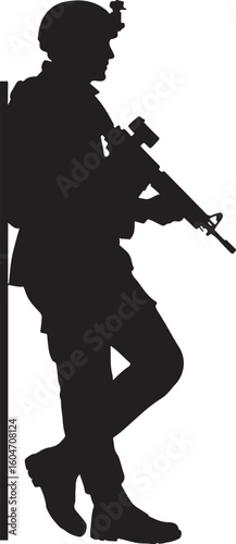 Military soldier silhouette with assault rifle, leaning against a wall, representing a professional armed forces member on duty, awaiting action or observation
