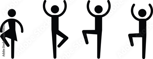 Stick figure people practicing yoga, tree pose illustration, black icons on white background, minimalist fitness symbols, exercise posture vector, healthy lifestyle concept, wellness.