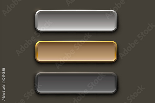 Golden, silver, black frame label, event bar button, gold signboard. Vector