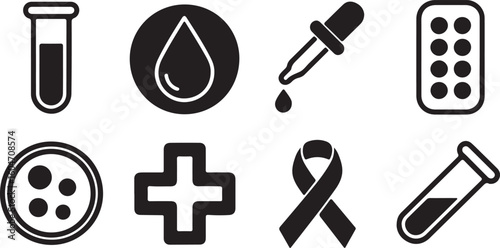 Medical Icon Set Depicting Health Care and Scientific Research with Pharmaceutical Elements and Diagnostic Tools in Black and White