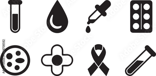 Medical and Healthcare Icons Representing Scientific Research and Medical Treatment on a White Background
