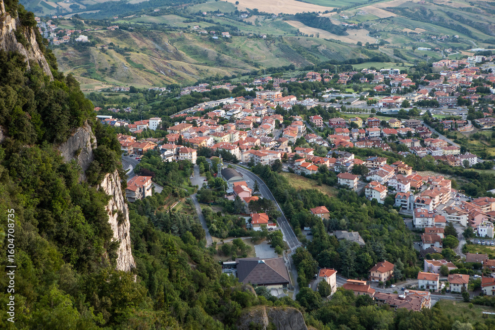 Obraz premium Scenic View of San Marino – Historic Architecture and Mountain Landscape. One of the smallest countries in the world, located in the heart of Italy. Travel concept in Europe