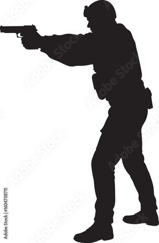 Law enforcement or tactical operator silhouette aiming a pistol, depicting firearms training, self-defense, and critical security operations