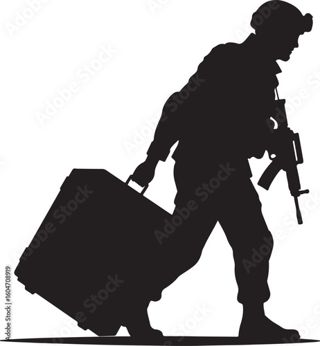 Military soldier silhouette with tactical gear pulling a large travel case, representing deployment, special assignment, or a soldier's journey