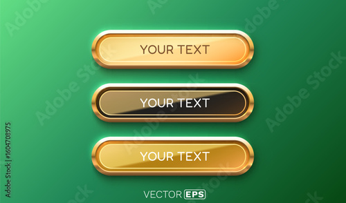 Golden frame label, set color, event bar button, gold signboard. Vector illustration