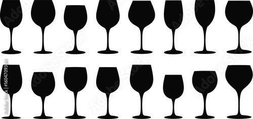 Collection of elegant champagne flutes and wine glasses in silhouette