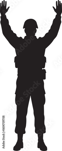Military soldier silhouette with hands raised in surrender or compliance, representing peaceful resolution, non-aggression, or a controlled situation