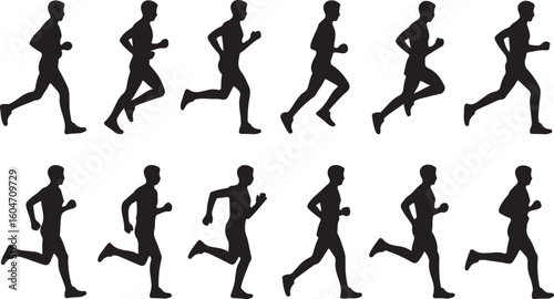 Silhouetted runners in dynamic motion sequence ideal for sports and fitness related designs showing consistent progression and healthy lifestyle