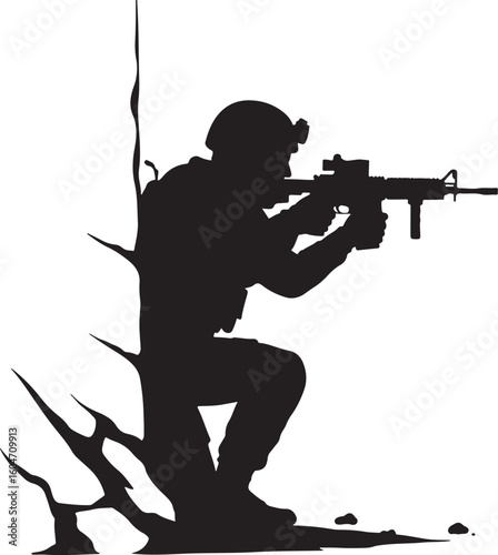 Military soldier silhouette in tactical crouch with assault rifle, taking cover during combat, representing strategic positioning and intense action