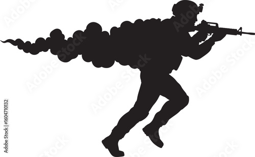 Military soldier silhouette running through smoke, armed with a rifle, depicting tactical movement, combat action, and intense battlefield scenarios