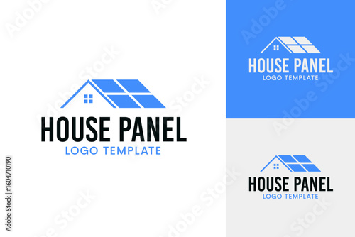 House with solar panel roof logo design template vector illustration idea