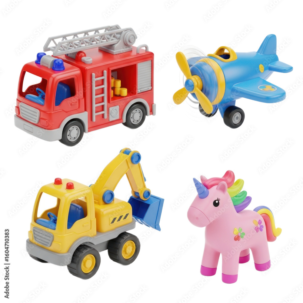 Naklejka premium Colorful, Toy Vehicle Set on transparent background