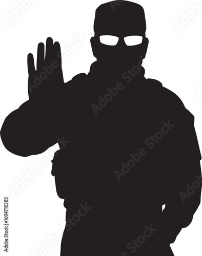 Security personnel silhouette in uniform and glasses, holding up a stop gesture, representing authority, control, prohibition, and security checkpoint