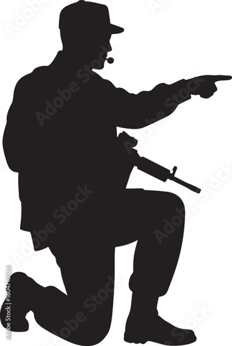 Military soldier silhouette kneeling, pointing with assault rifle, depicting battlefield communication, command, and tactical direction during an operation