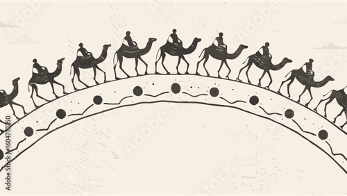 Illustration depicting a caravan of camels with riders moving along a decorated curved path in monochrome style silhouette