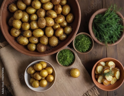 Fresh potatoes and herbs prepared for cooking