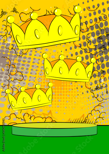 Comic Book Product podium stage for mock-up presentation with Crown. Retro comics background.