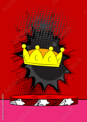 Comic Book Product podium stage for mock-up presentation with Crown. Retro comics background.