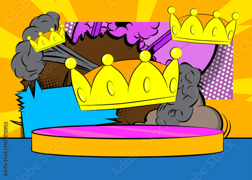 Comic Book Product podium stage for mock-up presentation with Crown. Retro comics background.