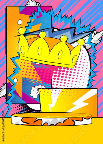Comic Book Product podium stage for mock-up presentation with Crown. Retro comics background.