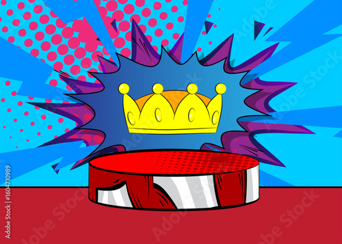 Comic Book Product podium stage for mock-up presentation with Crown. Retro comics background.