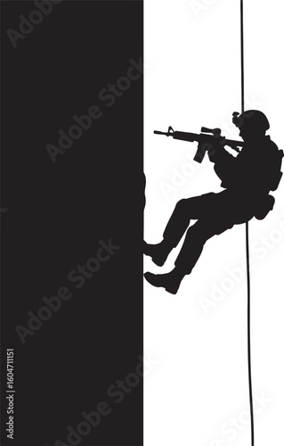 Special forces soldier silhouette rappelling down a wall with assault rifle, representing tactical operations, military training, and high-stakes missions