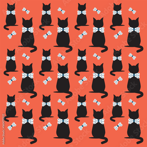 Cat with polka dot bows seamless pattern on orange background vector illustration