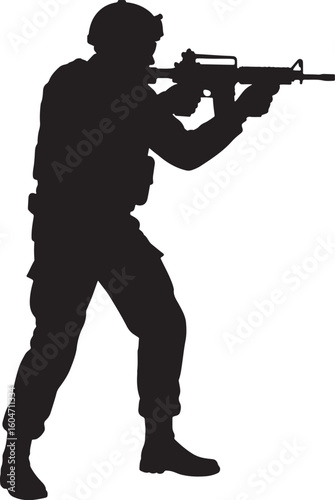Military soldier silhouette aiming assault rifle, representing combat readiness, tactical training, and armed forces operations for defense and security