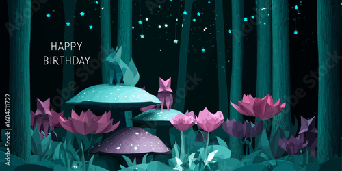  Magical forest birthday celebration with cute foxes, colorful mushrooms and fairy tale atmosphere. Perfect for children's party invitations, greeting cards and fantasy-themed designs