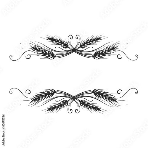 Pair of elegant wheat branch page dividers with intricate details, black and white design, for rustic themes
