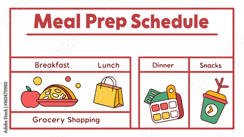 Meal prep schedule with breakfast lunch dinner snacks and grocery shopping represented by icons and text