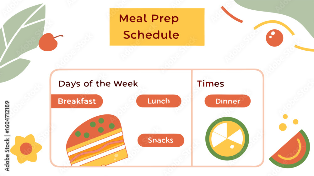 Fototapeta premium Meal prep schedule with days of the week and times, including breakfast, lunch, dinner and snacks icons