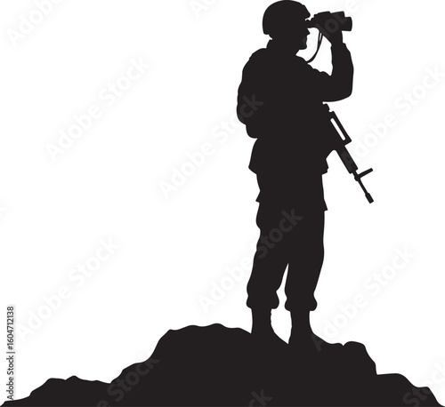 Military soldier silhouette observing with binoculars and rifle, standing on a hill, representing vigilance, reconnaissance, and strategic operations in a combat zone