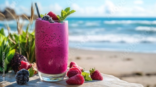 Vibrant smoothie on beach