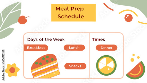 Meal prep schedule with days of the week and times, including breakfast, lunch, dinner and snacks icons