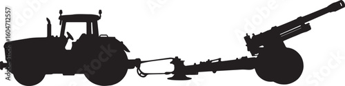 Tractor towing military howitzer silhouette, artillery cannon transport, army heavy weapon icon