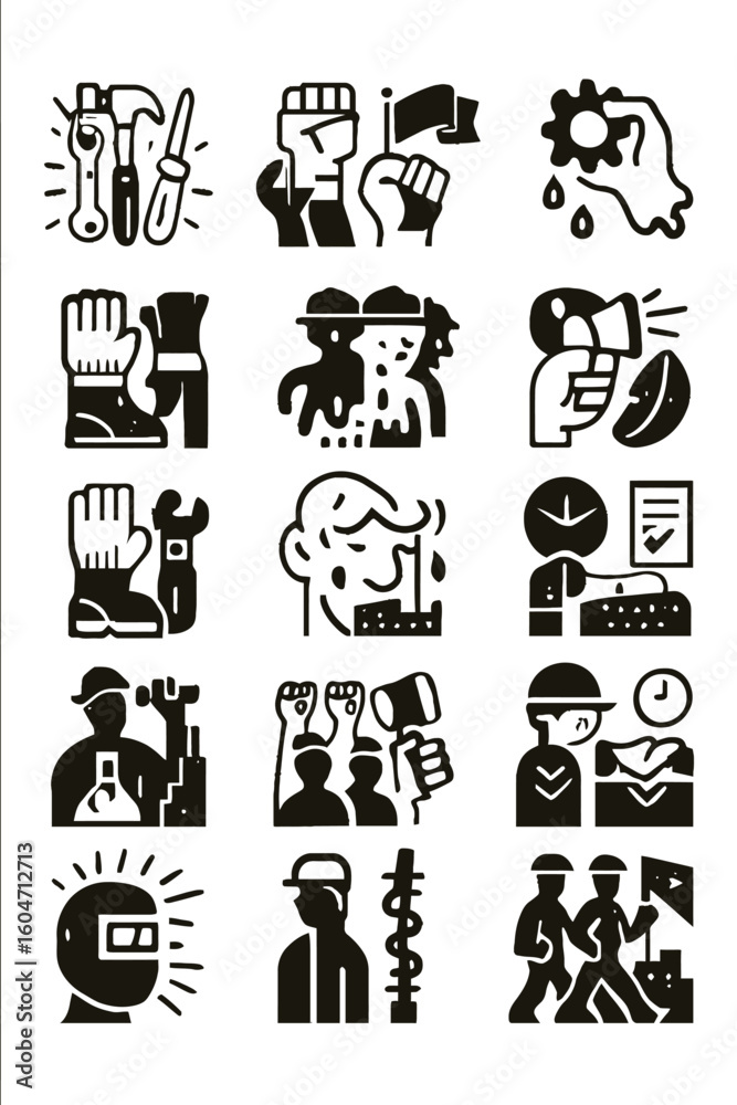 Collection of diverse flat design icons representing labor, industry, and worker rights with a focus on tools and protest. Collection of diverse flat design icons representing labor, industry, and worker rights with a focus on tools and protest.