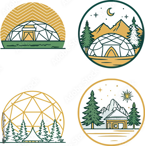 Minimalist Glamping Dome, Isolated Set Vector