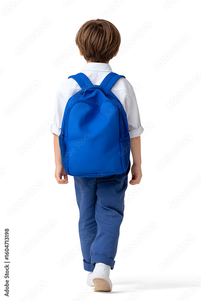 Schoolboy walking away with blue backpack. White background, casual posture, perfect for back-to-school ads, kids’ fashion or learning visuals for young students. Schoolboy walking away with blue backpack. White background, casual posture, perfect for back-to-school ads, kids’ fashion or learning visuals for young students.