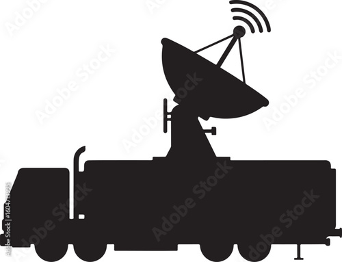 Broadcast news van silhouette, live television mobile production vehicle with satellite dish and antenna for instant communication and field reporting