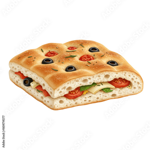 Freshly baked focaccia bread topped with olives and tomatoes, set against a rustic kitchen background