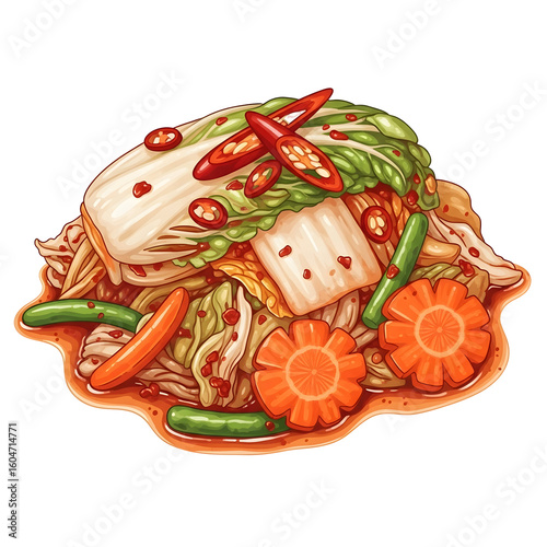 Colorful Kimchi with Vegetables and Sauce Illustration.